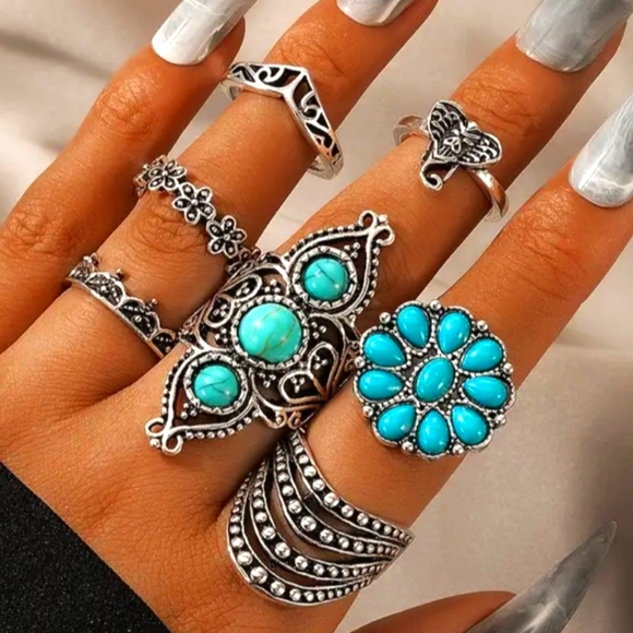 Nilcashopper Boutique Jewelry - Vintage Turquoise Elephant Geometric Ring 7pcs/SetBoho Style Decor Jewelry